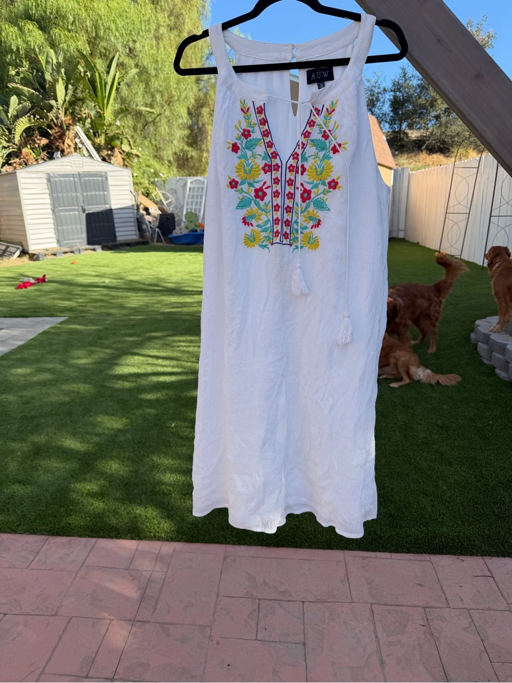 AUW White Midi Dress with Multicolor Floral Embroidery